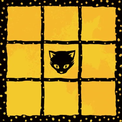 Map design: a 3 by 3 grid of yellow squares with a cat face in the center square.