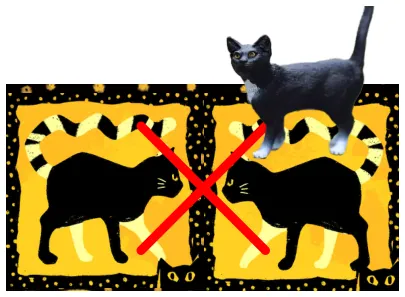 Illustration of two kitten cards facing each other, crossed out with a red X, with a cat figurine standing on one of them.