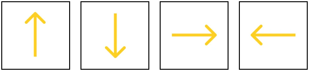 Four footprint cards drawn as white squares, each with one yellow arrow pointing up, down, right or left.