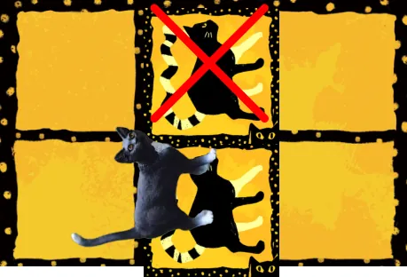 Illustration of the top edge of the map: a kitten card facing the wall is crossed out with a red X, and a cat figurine stands on the card below it.