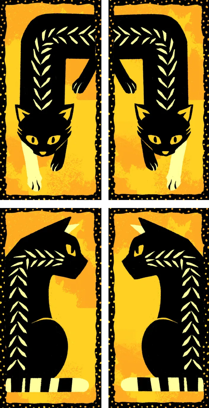 Four tall big kitten card designs in mirrored pairs: two cats stretching forward and two cats sitting.