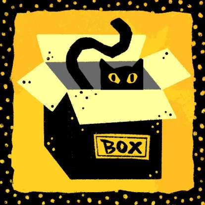 Box card design: a black cat peeking out of a cardboard box marked BOX.