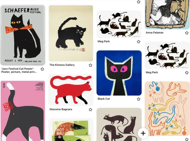 Screenshot of a mood board of cat illustrations and posters drawn with simple, bold shapes.