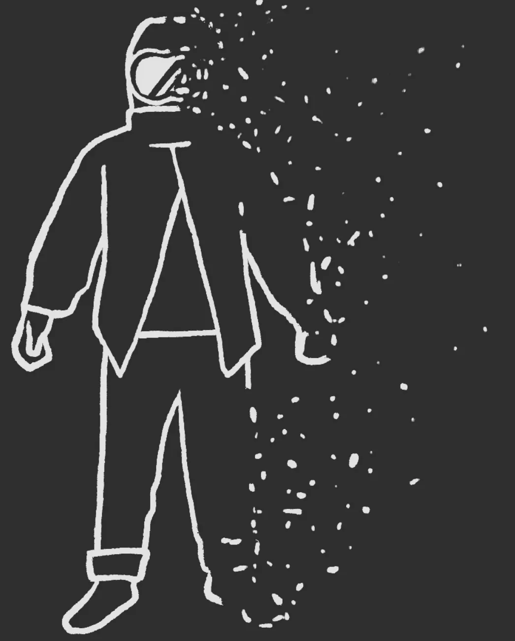 White line drawing of the sandblasting worker in a hooded suit and goggles on a dark background, one side of his body scattering into specks of dust.