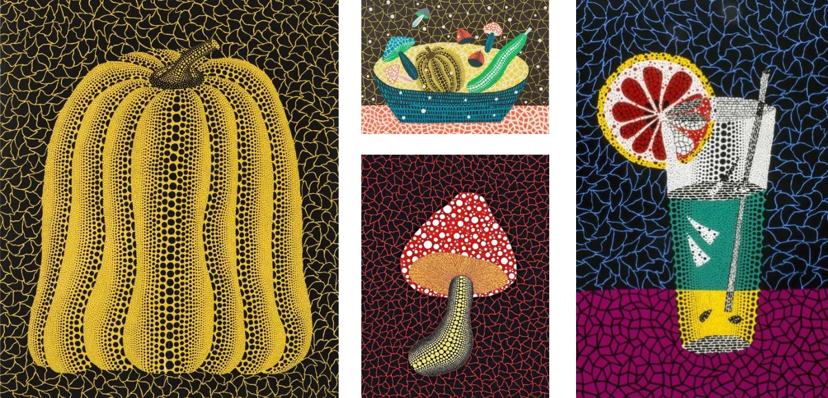 Four paintings covered in polka dots and net patterns: a yellow pumpkin, a fruit bowl, a red mushroom and a drink with a citrus slice.